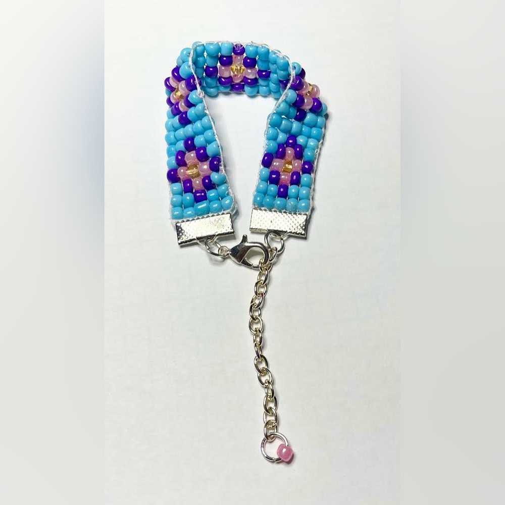 Handmade Bead Loom Bracelet Floral Design Blue Purple Pink Glass Beads Silver